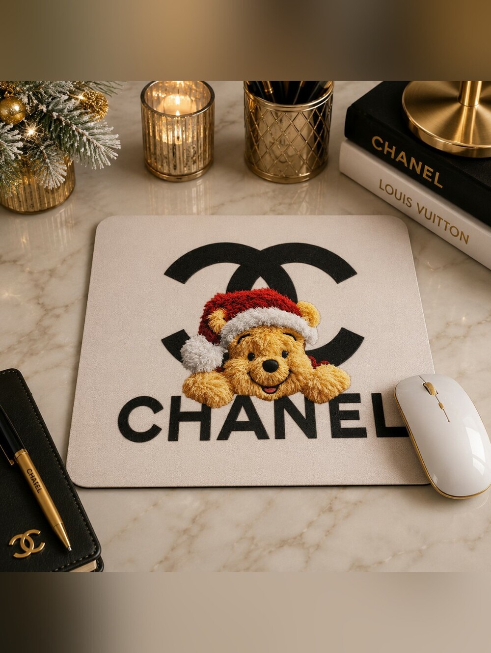 Mouse Pad with Black Logo and Winnie the Pooh Bear in Red Hat